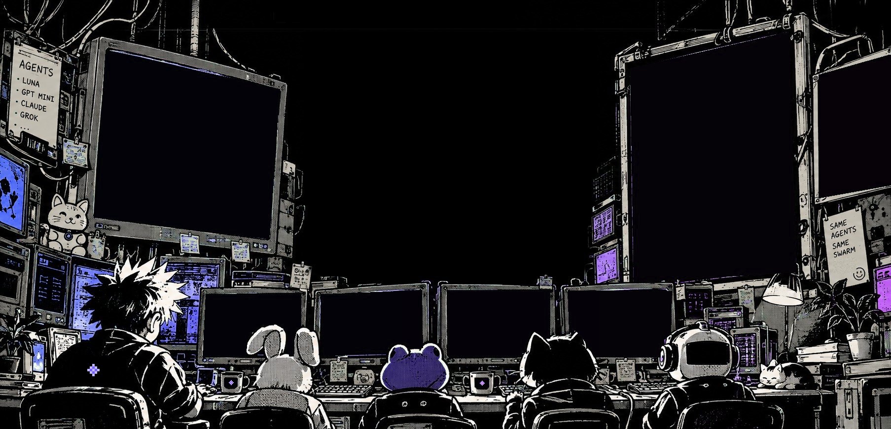 Pixel illustration of the control room: a spiky-haired engineer, a bunny, a frog, a cat and a robot facing a wall of monitors.